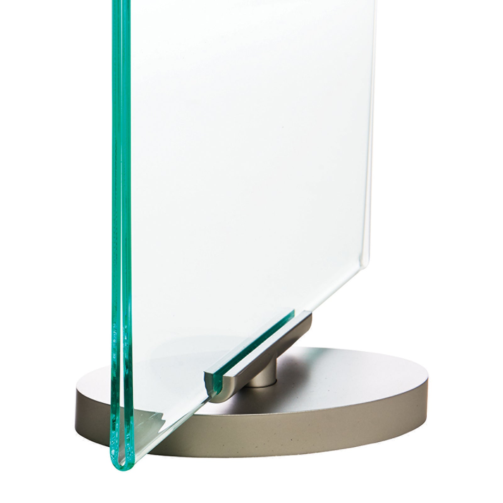 Close up product view of the Deflecto rotating sign holder against a white background, highlighting the transparent double sided panel, polished green tinted edges, silver support bracket and oval rotating base used to provide stable freestanding presentation.