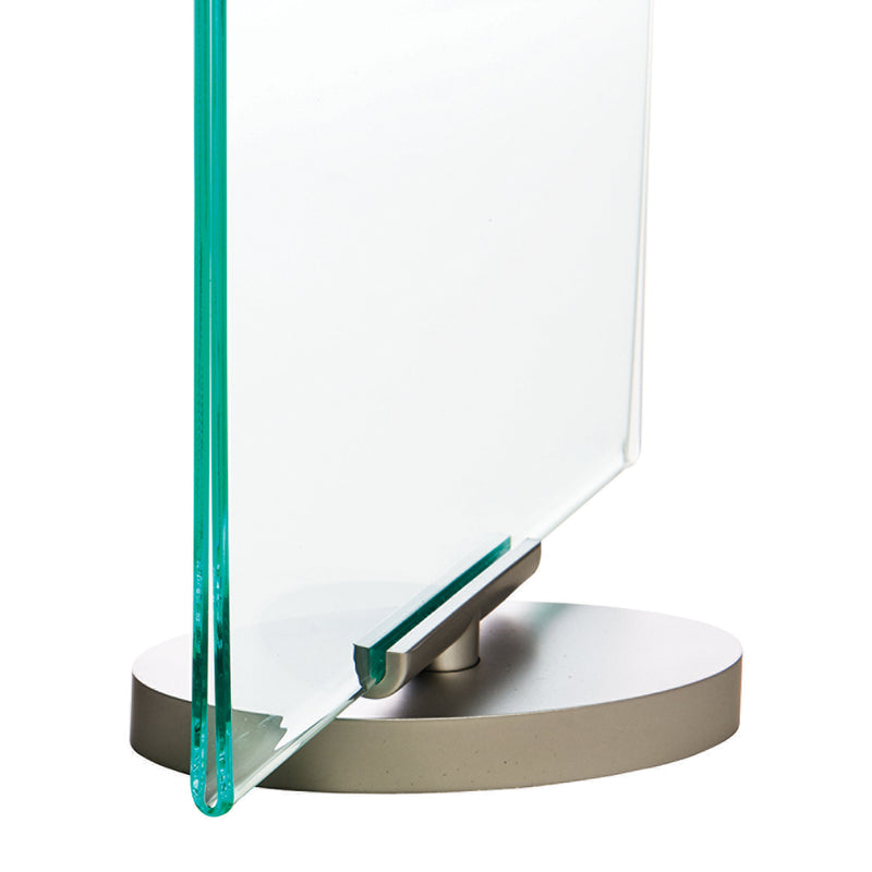 Close up product view of the Deflecto rotating sign holder against a white background, highlighting the transparent double sided panel, polished green tinted edges, silver support bracket and oval rotating base used to provide stable freestanding presentation.
