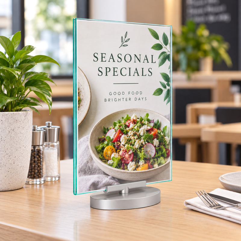 Deflecto A4 portrait double sided rotating sign holder presenting seasonal specials on a restaurant table. The clear upright panel displays colourful food imagery while its polished green glass like edges and silver rotating base create a refined presentation for hospitality environments.