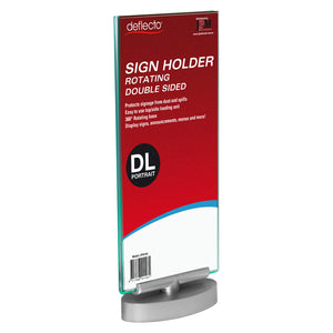 Deflecto Double Sided Rotating Sign Holder DL Portrait shown against a white background with original branded signage inserted