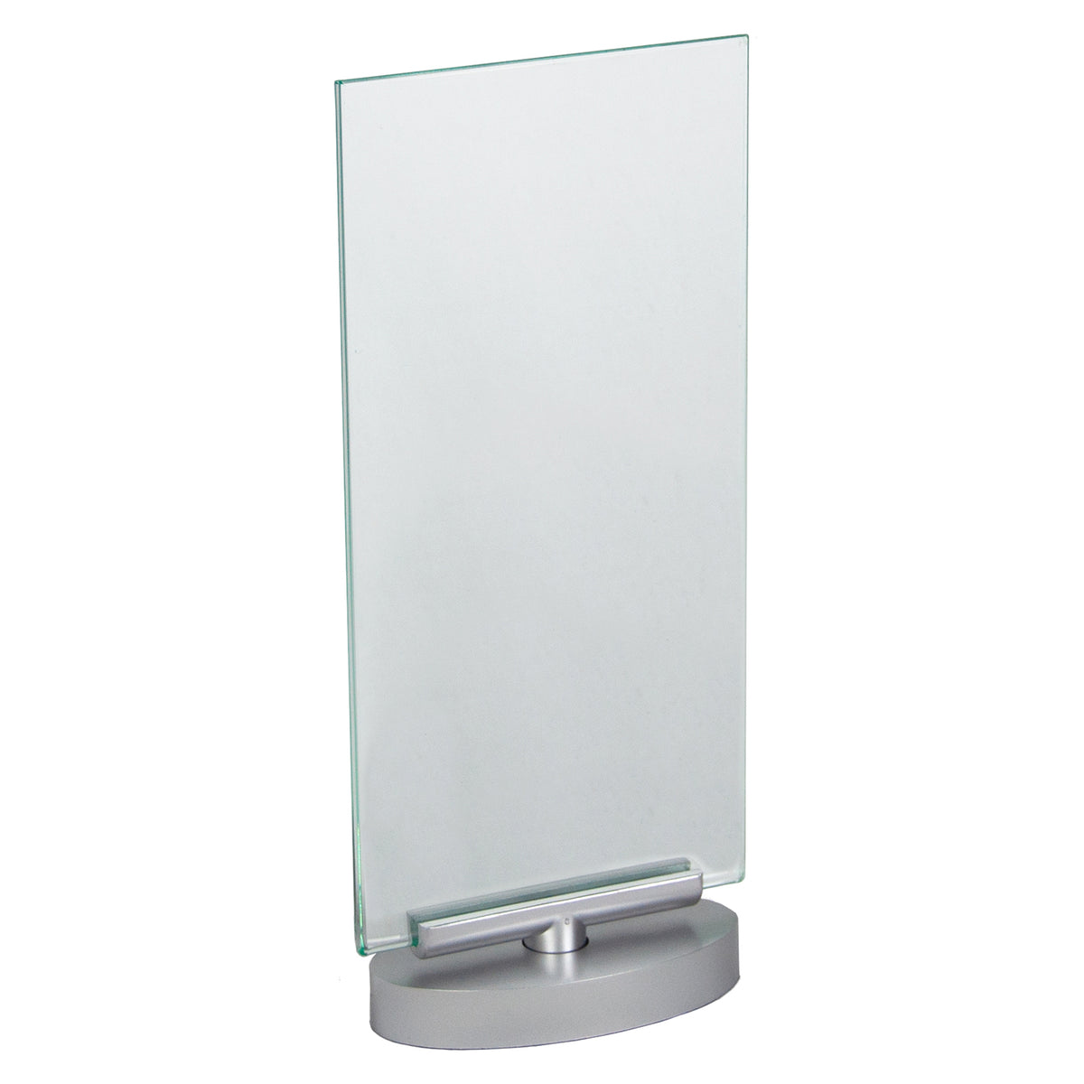 Deflecto DL portrait rotating sign holder photographed against a white background without an insert. The image clearly presents the tall transparent display panel, subtle green tinted edges, silver