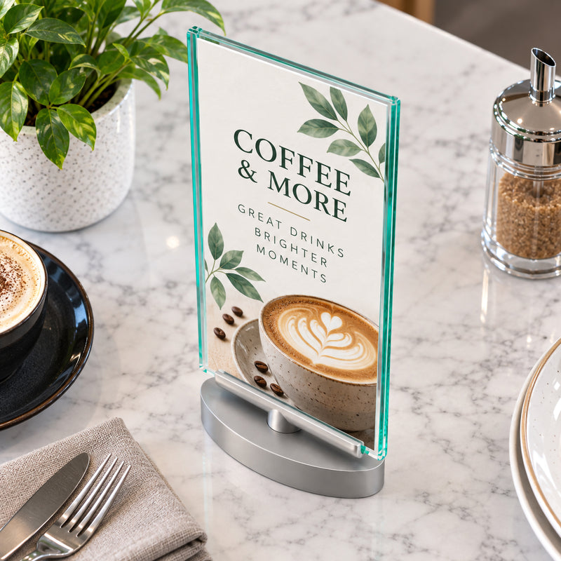 Angled top view of the Deflecto DL portrait rotating sign holder displaying a coffee promotion on a marble cafe table. The image highlights the clear double sided construction, green glass like edges