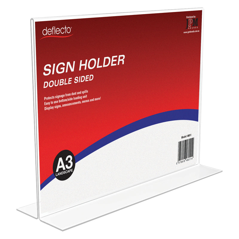 Deflecto Double Sided T Shape Sign Holder A3 Landscape shown against a white background with original branded signage. The product view clearly displays the transparent plastic construction, wide landscape format and flat T shape freestanding bottom designed for stable countertop presentation.