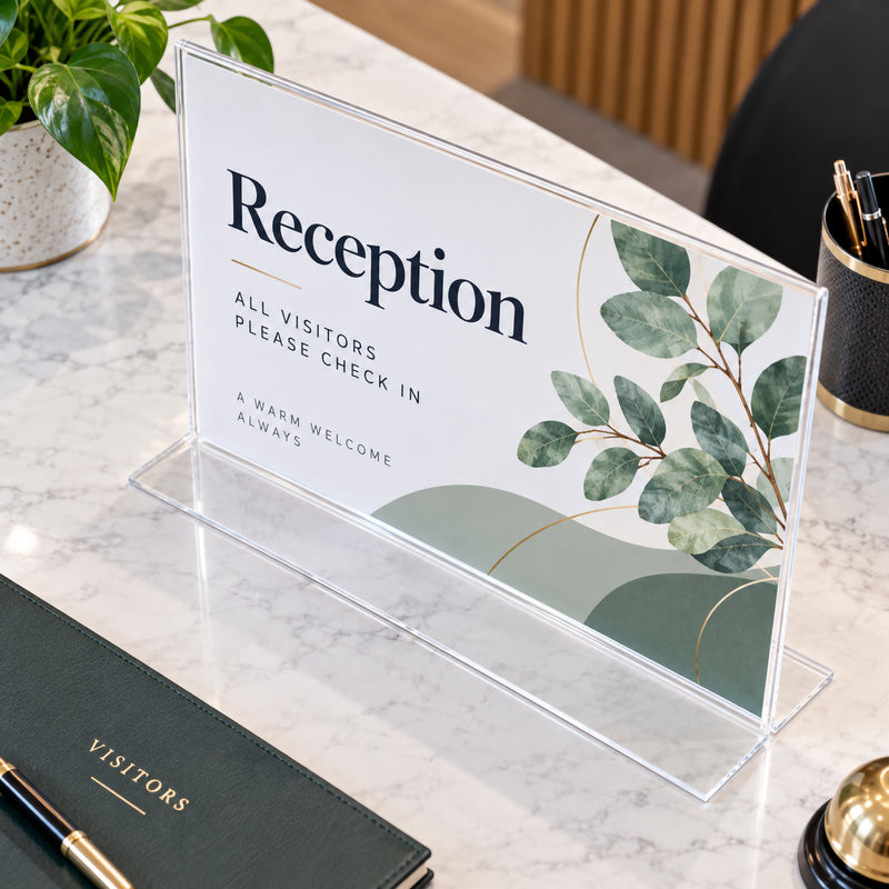 Angled close view of the Deflecto A3 landscape T shape sign holder on a marble reception counter. The clear double sided display contains visitor check in information and botanical graphics, while the wide transparent base demonstrates the practical freestanding design for reception desks and service areas.