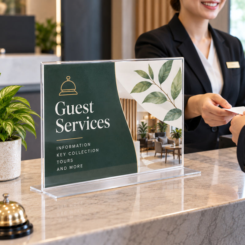 Deflecto A3 landscape double sided T shape sign holder displayed on a hotel reception counter with guest services information. The large clear freestanding holder presents prominent visitor messaging while a receptionist assists a guest, demonstrating its suitability for professional hospitality and customer service environments.