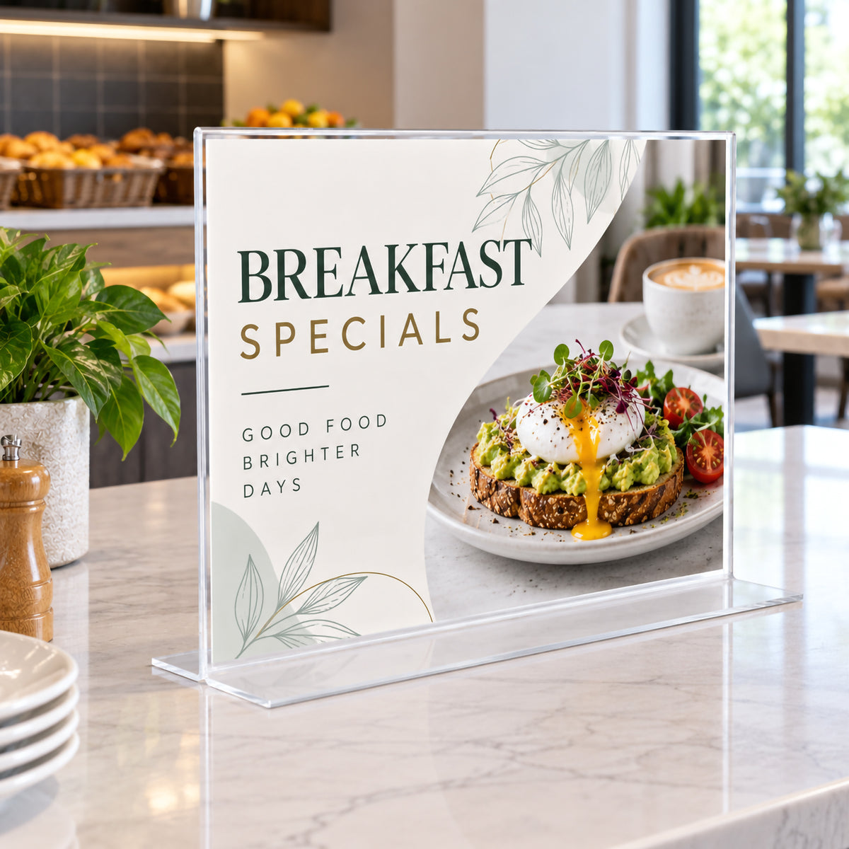 Deflecto A3 landscape double sided sign holder presenting breakfast specials on a cafe counter. The clear plastic display provides a large viewing area for promotional food imagery and menu information, while the transparent flat T shape base maintains a clean and unobtrusive presentation.