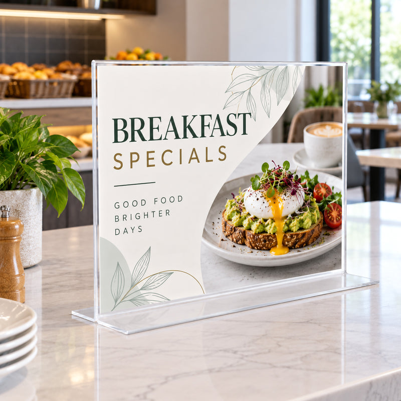 Deflecto A3 landscape double sided sign holder presenting breakfast specials on a cafe counter. The clear plastic display provides a large viewing area for promotional food imagery and menu information, while the transparent flat T shape base maintains a clean and unobtrusive presentation.