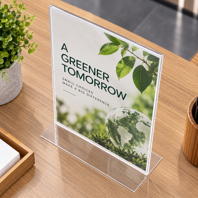 Angled top view of the Deflecto A3 portrait clear T shape sign holder displayed on a timber desk. The holder presents environmental messaging with green botanical imagery, demonstrating its suitability for workplace notices, sustainability campaigns, corporate information and public communication.