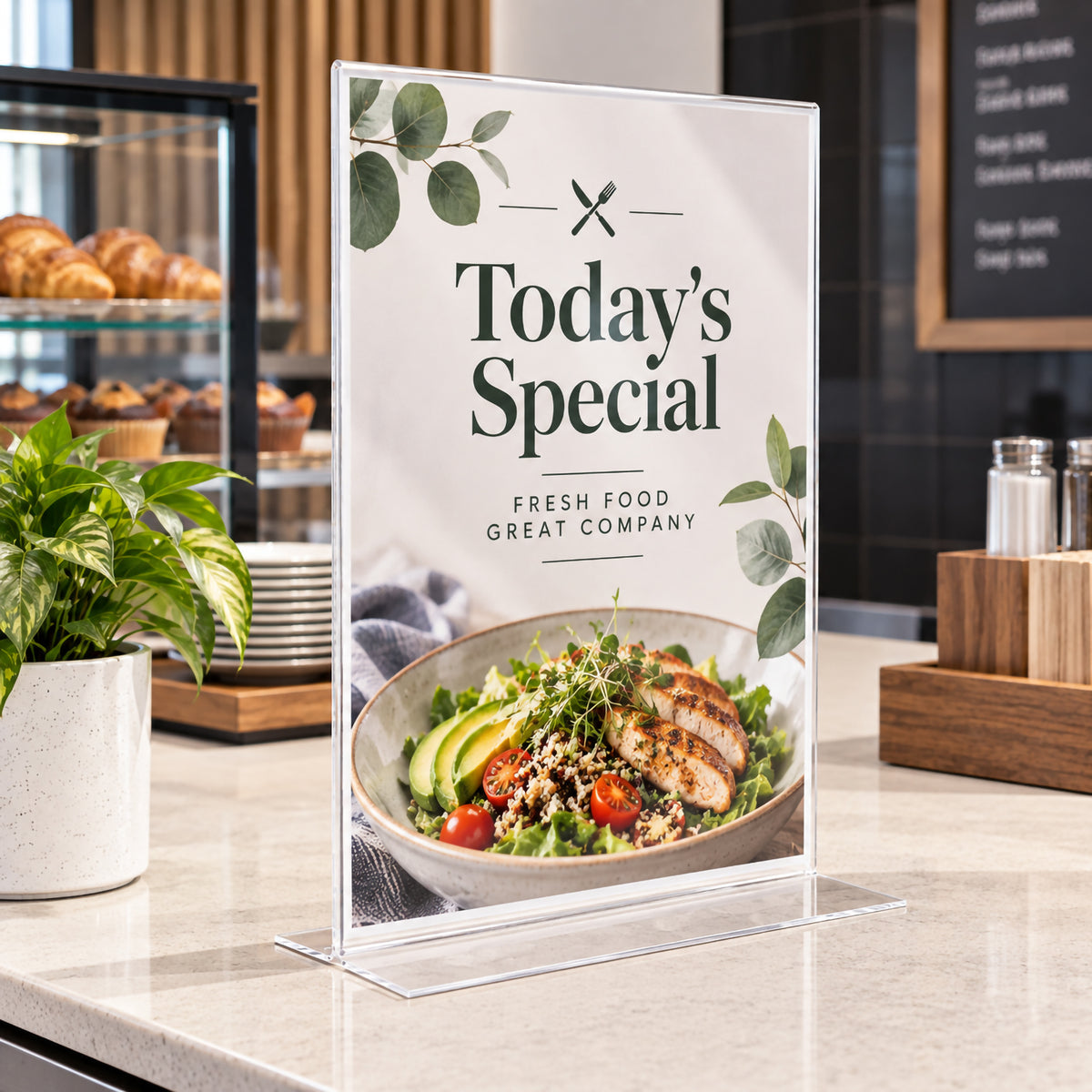 Deflecto A3 portrait double sided sign holder displaying a daily food special in a modern cafe. The clear upright panel provides generous space for menu imagery and promotional text while the transparent T shape bottom creates a clean countertop presentation.
