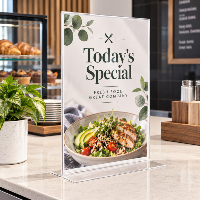 Deflecto A3 portrait double sided sign holder displaying a daily food special in a modern cafe. The clear upright panel provides generous space for menu imagery and promotional text while the transparent T shape bottom creates a clean countertop presentation.