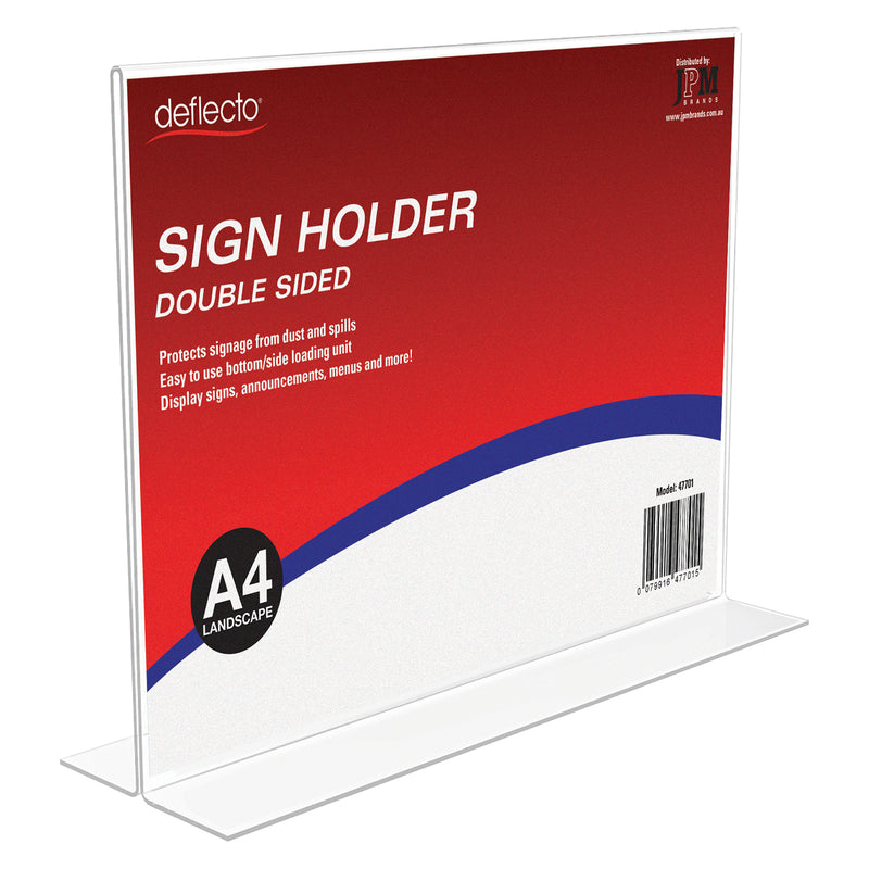 Deflecto Double Sided T Shape Sign Holder A4 Landscape shown on a white background with branded product signage inserted. The product view clearly demonstrates the transparent plastic construction, horizontal A4 display area and flat T shape bottom for stable freestanding presentation.