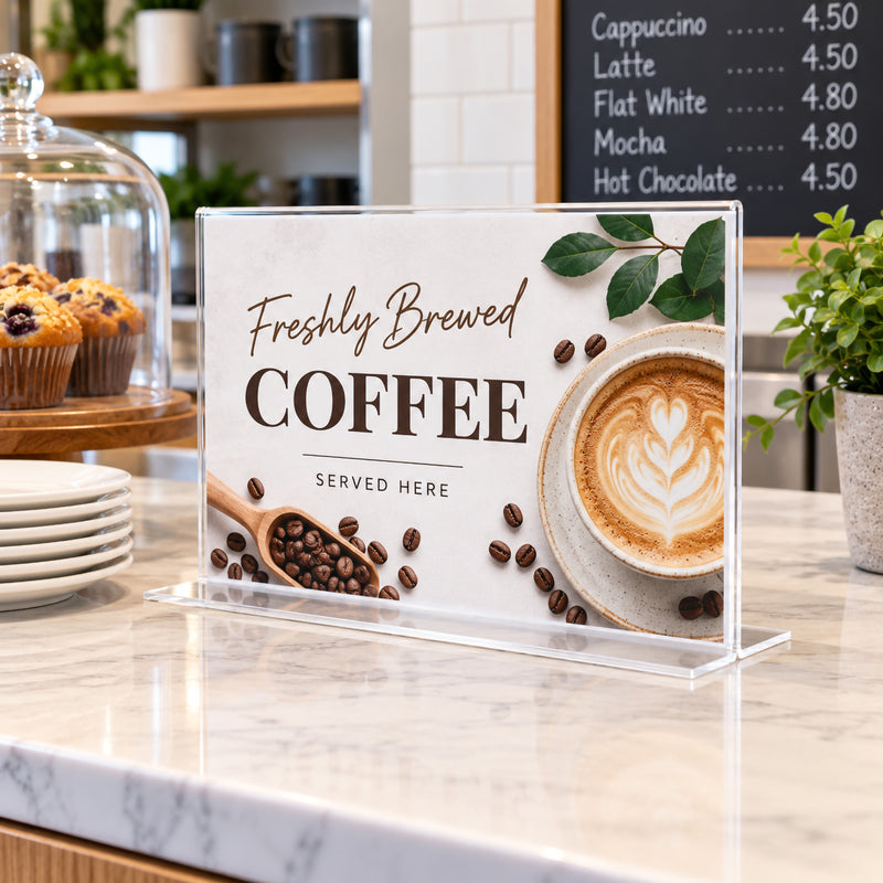 Deflecto A4 landscape T shape sign holder presenting a freshly brewed coffee promotion on a cafe counter. The clear plastic display provides strong visibility for promotional graphics while the transparent freestanding bottom keeps the presentation clean and unobtrusive within the hospitality setting.