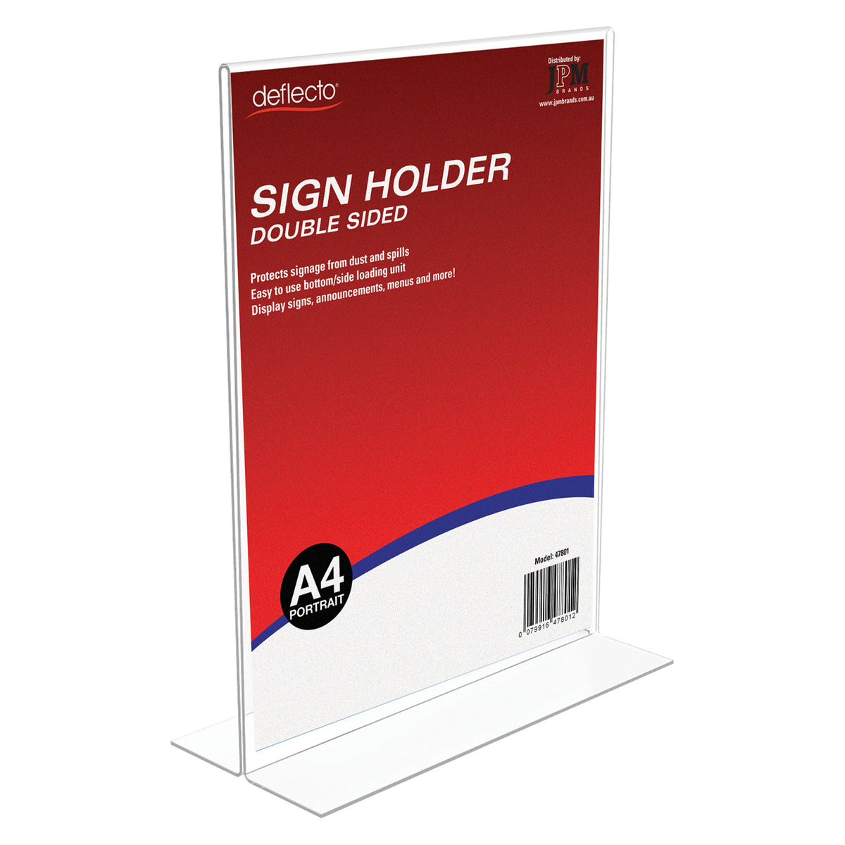Deflecto Double Sided T Shape Sign Holder A4 Portrait presented against a clean white background with branded product artwork inserted. The product image clearly shows the upright A4 format, transparent plastic construction and flat T shape bottom designed for freestanding display on counters, desks and tables.