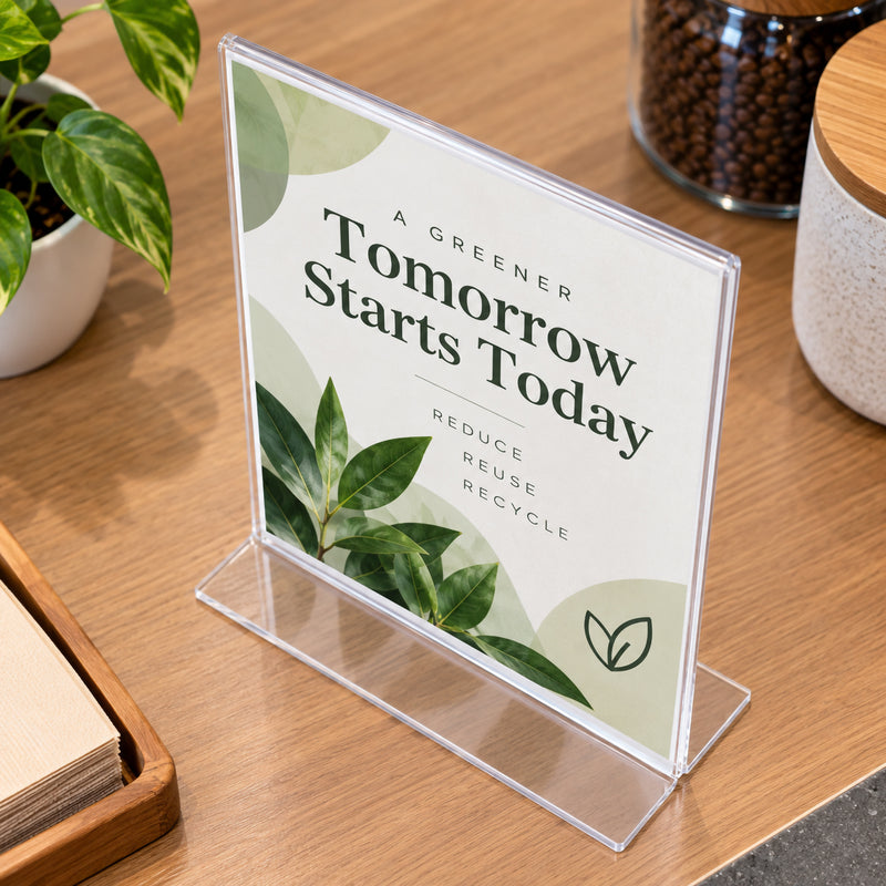 Deflecto A4 portrait clear sign holder viewed from above on a timber counter with environmentally themed signage. The angled lifestyle view clearly shows the transparent plastic construction and wide flat T shape bottom, highlighting a neat freestanding presentation suitable for sustainability messages, notices and promotional information.