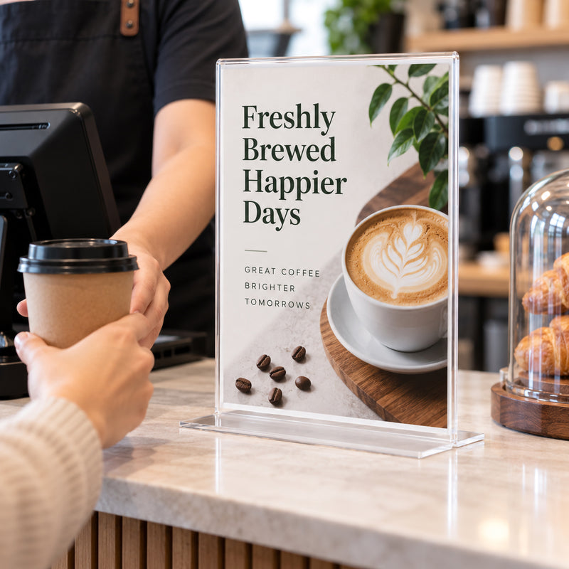Deflecto A4 portrait double sided T shape sign holder displayed on a cafe service counter with a freshly brewed coffee promotion. The clear upright holder stands beside the point of sale area while a staff member serves a takeaway drink, demonstrating an engaging customer facing use for menus and promotional signage.