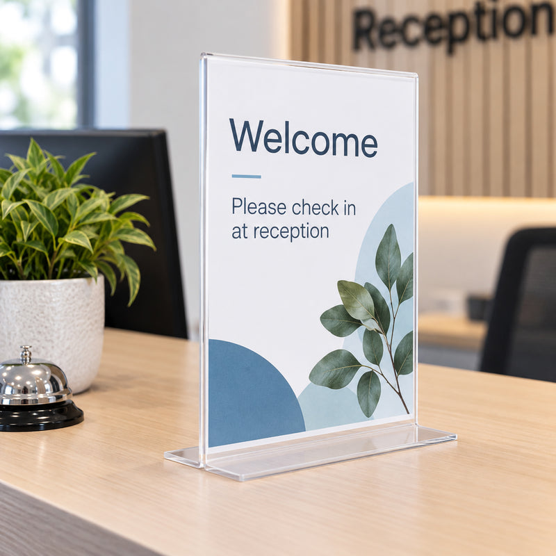 Deflecto A4 portrait T shape sign holder positioned on a modern reception desk with a welcome and visitor check in notice. The clear upright display sits beside a reception bell and plant, demonstrating professional use for visitor instructions, office information and directional signage in customer facing workplaces.