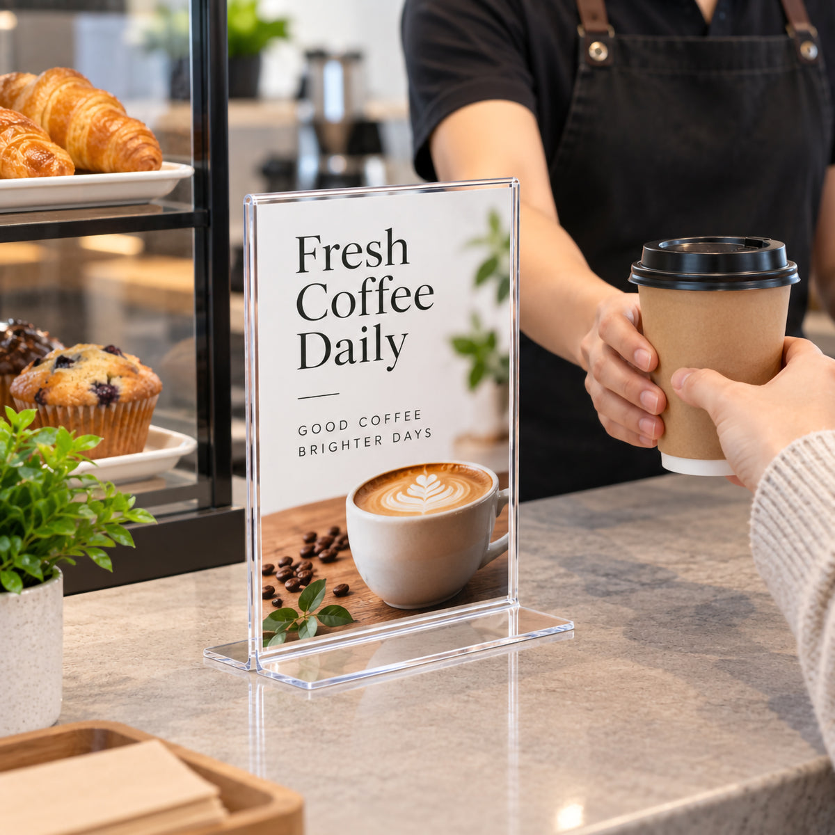 Deflecto A5 portrait double sided T shape sign holder displayed on a cafe counter beside a coffee service interaction. The clear upright holder contains a fresh coffee promotional insert, showing how the compact portrait format can present daily offers while keeping customer information visible in a busy hospitality environment.