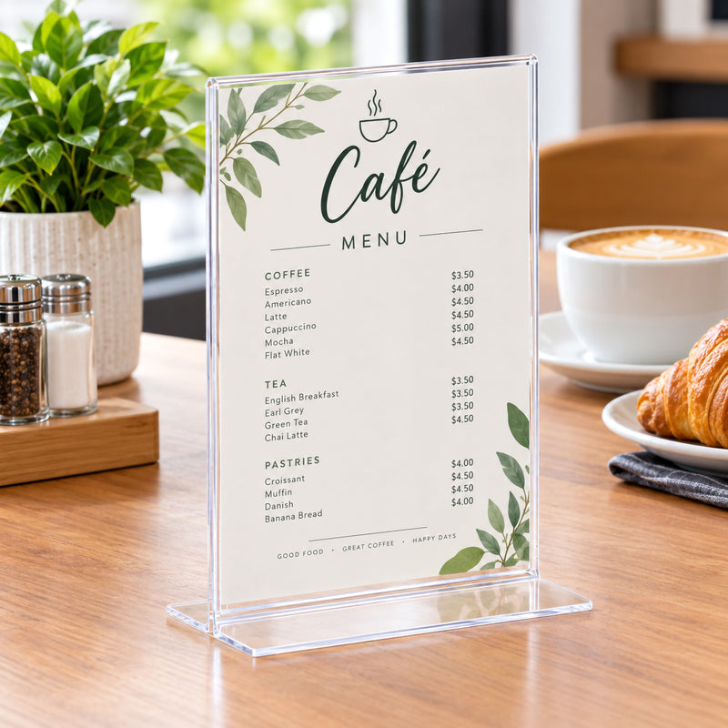 Deflecto A5 portrait T shape sign holder presenting a cafe menu on a timber table beside coffee, a croissant and table accessories. The upright clear display demonstrates how menus, prices and hospitality information can be presented neatly while occupying a compact area of valuable tabletop space.