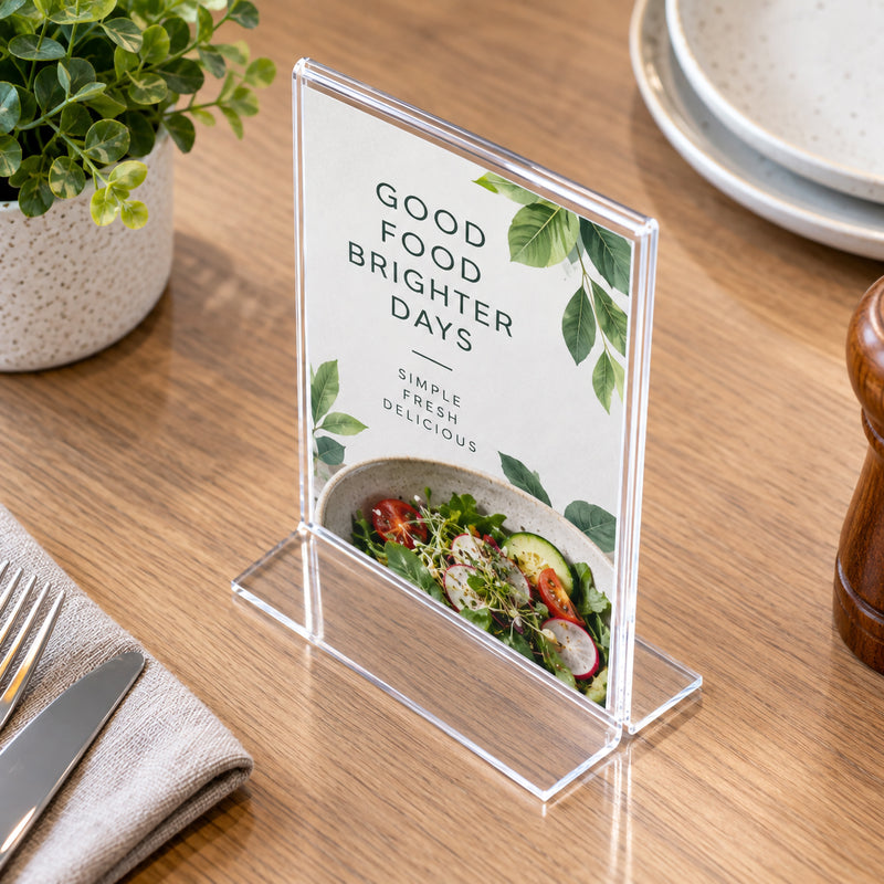 Deflecto clear A6 portrait sign holder viewed from an elevated angle on a timber dining table. The transparent T shape holder presents a fresh food message with salad imagery and is surrounded by tableware, greenery and dining accessories, showing its compact footprint in a restaurant setting.