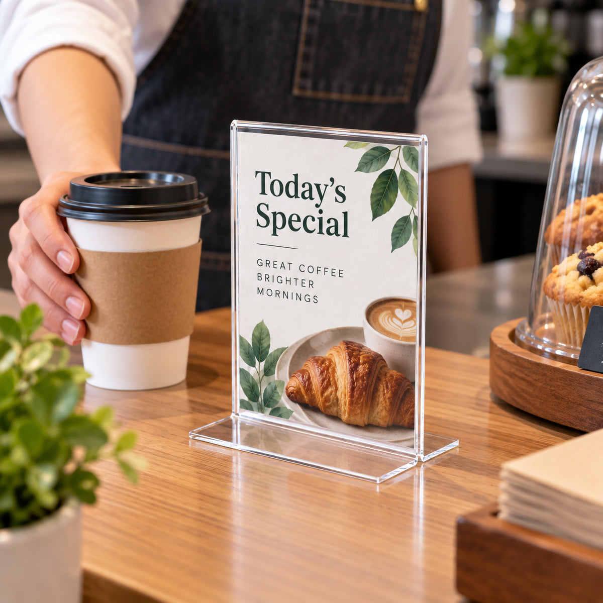 Deflecto A6 portrait double sided T shape sign holder displayed on a cafe counter beside takeaway coffee and baked goods. A staff member serves a customer while the compact clear holder presents a daily special featuring coffee and a croissant, demonstrating practical hospitality counter use.