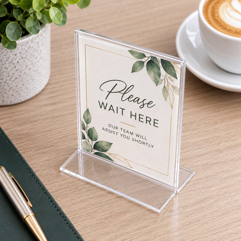 Deflecto clear A7 portrait sign holder viewed from an elevated angle on a light timber tabletop. The compact display contains a please wait here message surrounded by a notebook, pen, coffee and greenery, showing how the small freestanding holder can provide clear customer instructions without cluttering the workspace.