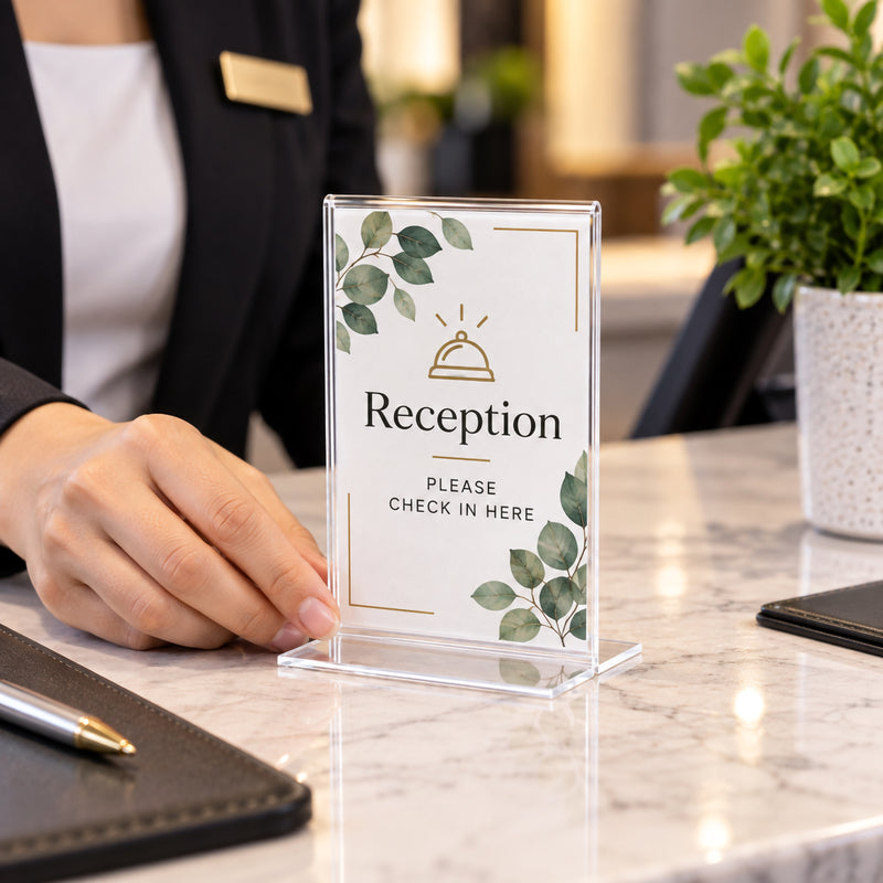 Deflecto A7 portrait double sided T shape sign holder positioned on a polished reception counter beside a staff member. The compact clear holder displays a reception check in message with botanical artwork, demonstrating professional visitor communication where counter space is limited.