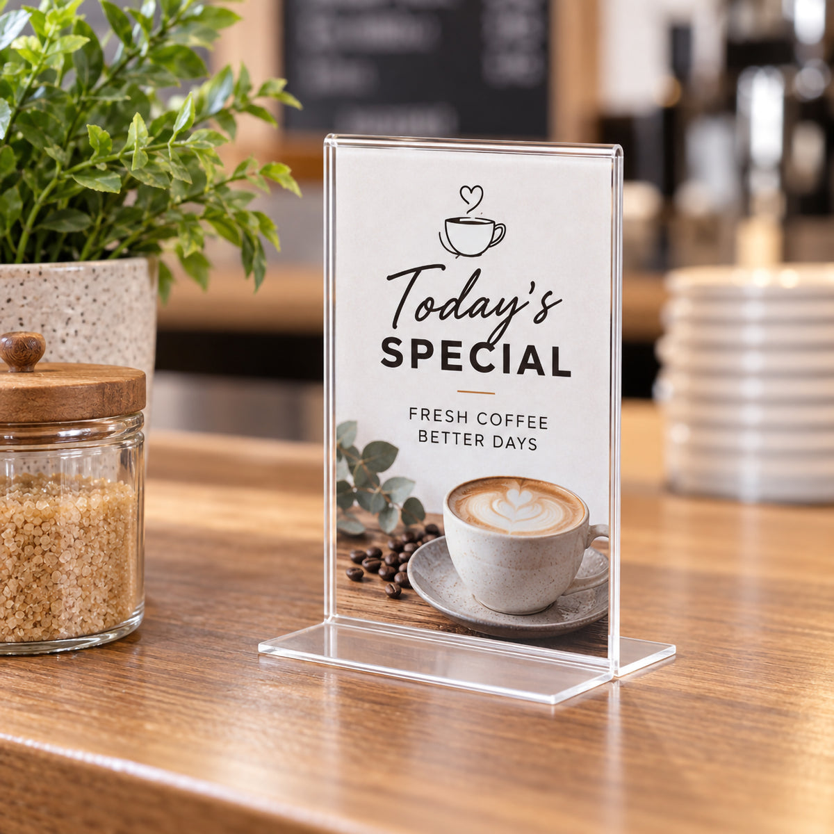 Deflecto A7 portrait T shape sign holder displayed on a warm timber cafe counter with a daily coffee special insert. The clear compact holder sits beside a sugar jar and greenery, demonstrating an attractive way to promote concise offers and customer messages in hospitality environments.