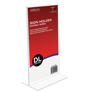 Deflecto Double Sided T Shape Sign Holder DL Portrait shown against a plain white background with branded product artwork inserted. The product view clearly demonstrates the narrow transparent display panel, upright DL portrait orientation and flat T shape bottom of Deflecto model 45101.