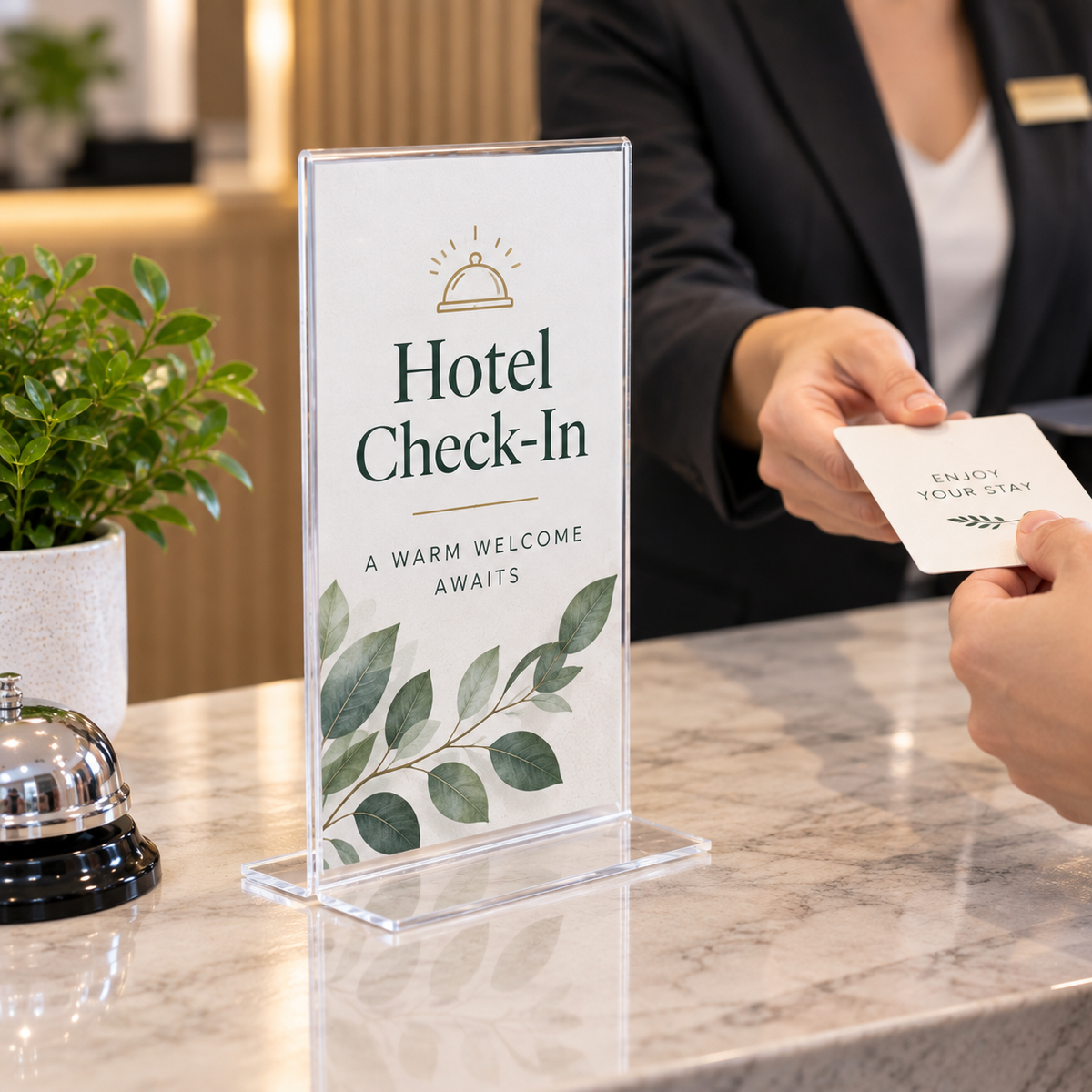 Deflecto Double Sided T-Shape Sign Holder DL Portrait on a hotel counter holding a Hotel Check-In sign while a card is handed over