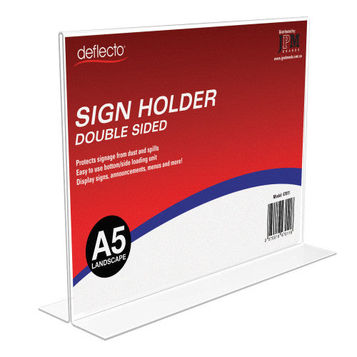Deflecto double-sided T-shape A5 landscape sign holder, front view