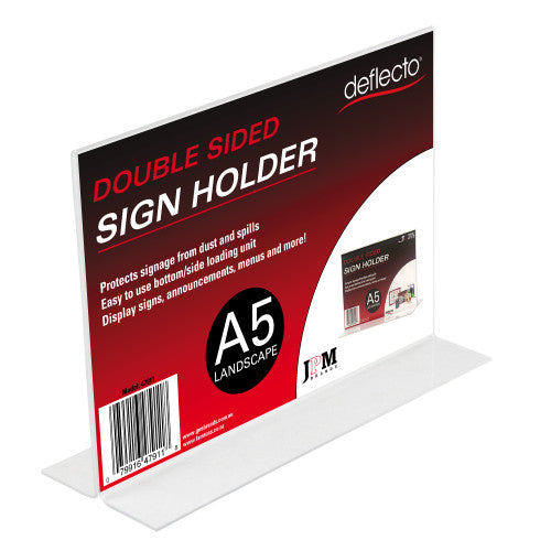 Deflecto double-sided A5 sign holder showing both faces, angled view