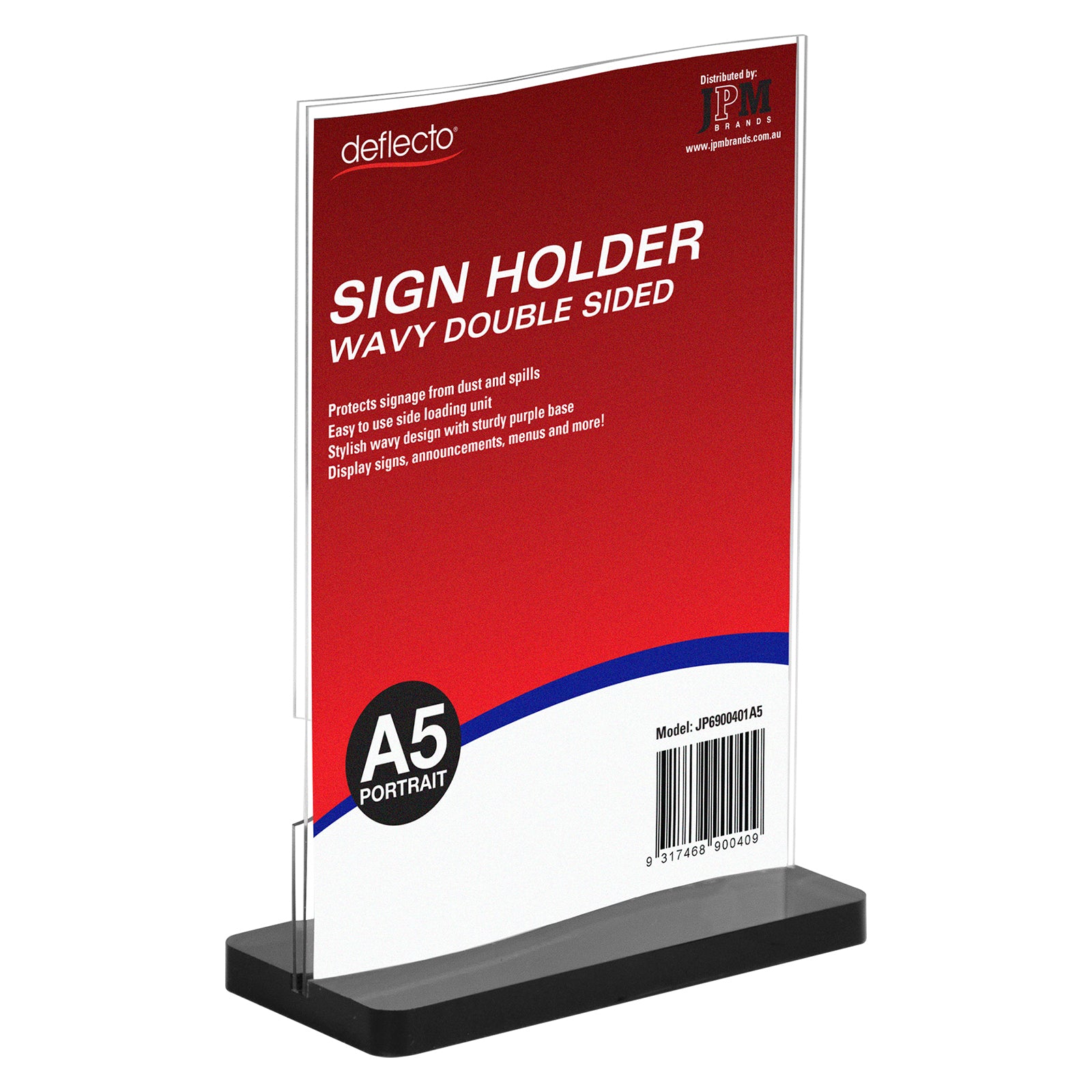 Deflecto A5 portrait wavy double sided sign holder shown against a clean white background with original product signage inserted. The image clearly displays the transparent curved holder, upright portrait format and sturdy black rectangular base designed for freestanding counter and desktop presentation.