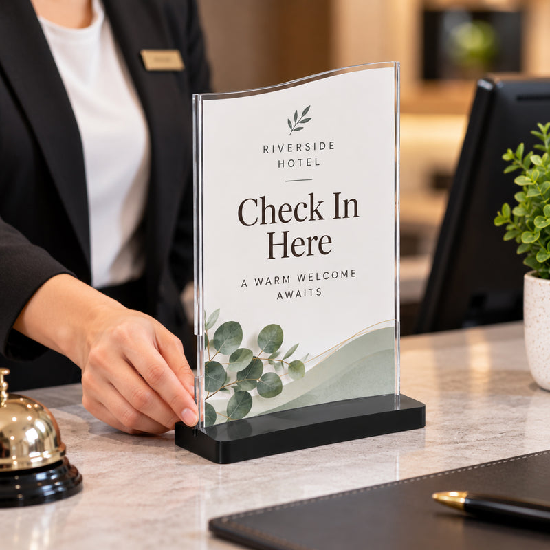 Deflecto A5 portrait double sided wavy sign holder displayed on a hotel reception counter with a clear curved display panel, black rectangular base and printed check in information. A staff member stands behind the counter while the holder presents guest directions prominently in a professional hospitality setting.