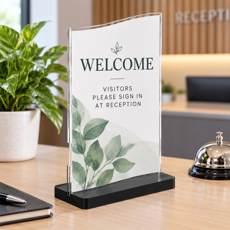 Deflecto clear A5 portrait double sided sign holder displayed on a modern reception desk with visitor sign in instructions. The transparent wavy panel and black freestanding base provide a clean professional presentation suitable for offices, reception areas, customer service counters and business entrances.