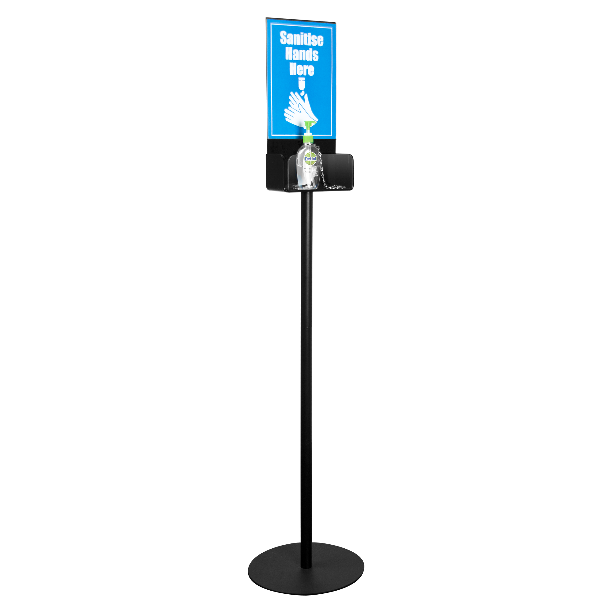 Deflecto A4 hand sanitiser display stand with sign holder, front view