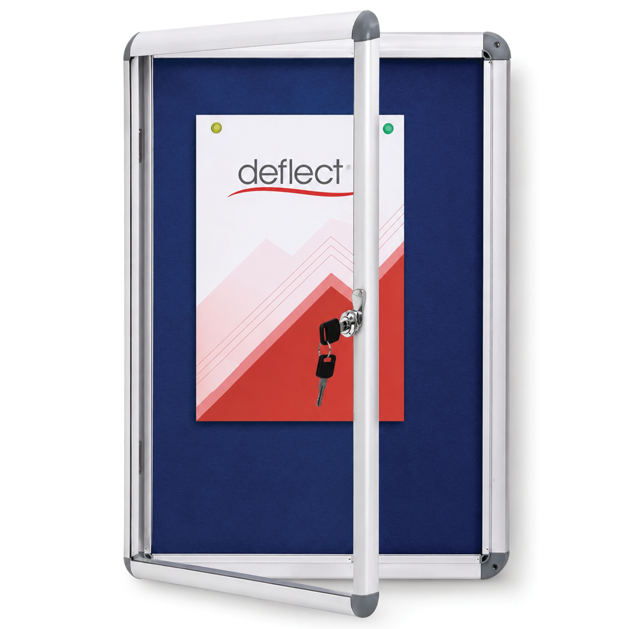 Deflecto Lockable Notice Board Silver Blue Felt A2 front view