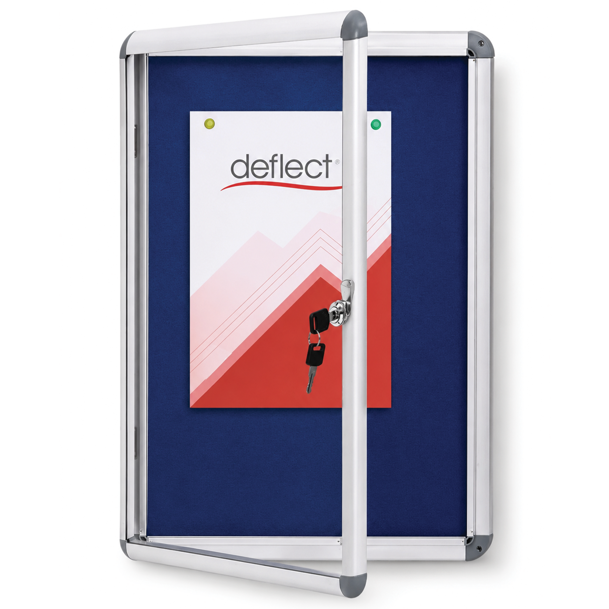 Deflecto Lockable Notice Board Silver Blue Felt A3 front view