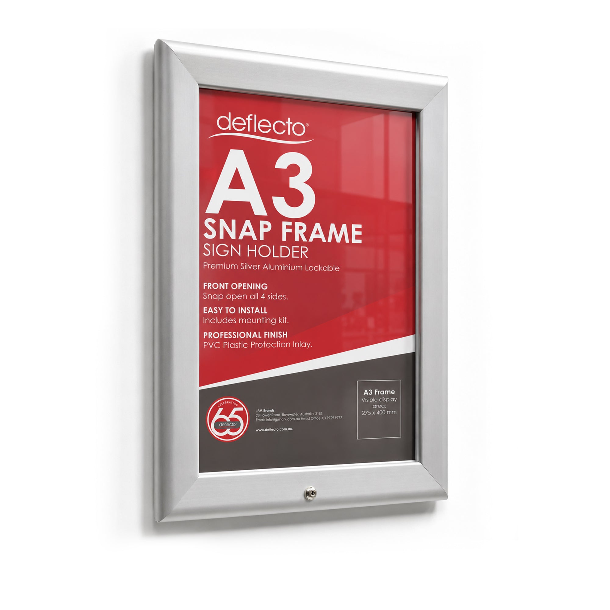 Deflecto Lockable Snap Frame Silver A3 32mm front view