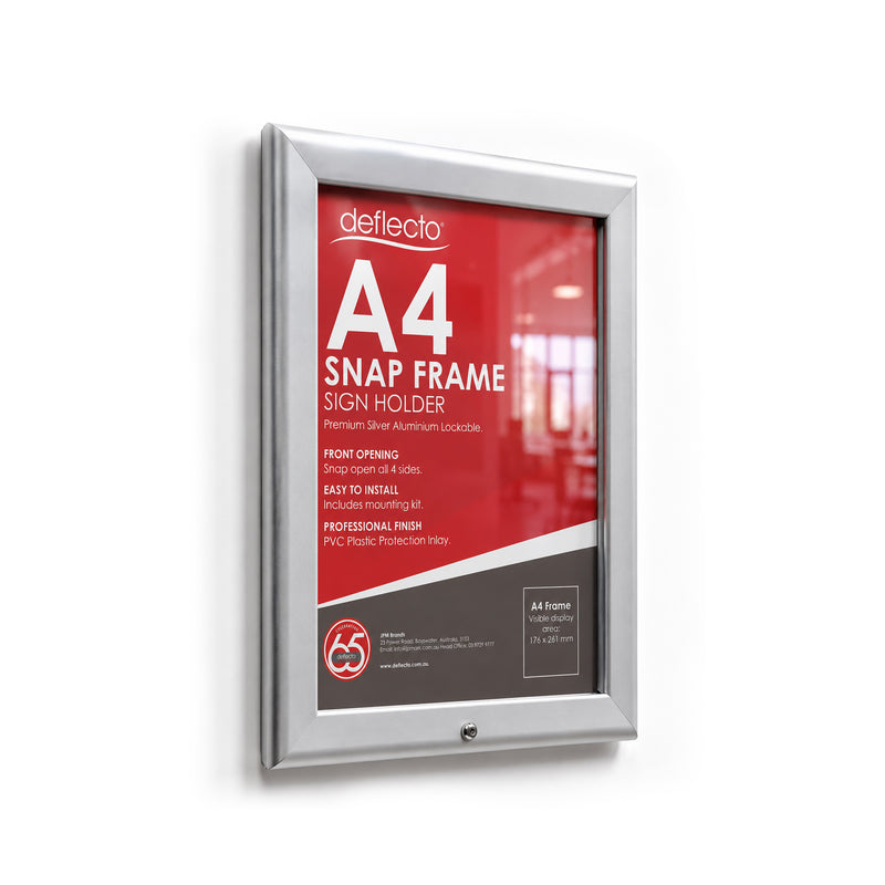 Deflecto Lockable Snap Frame Silver A4 32mm front view