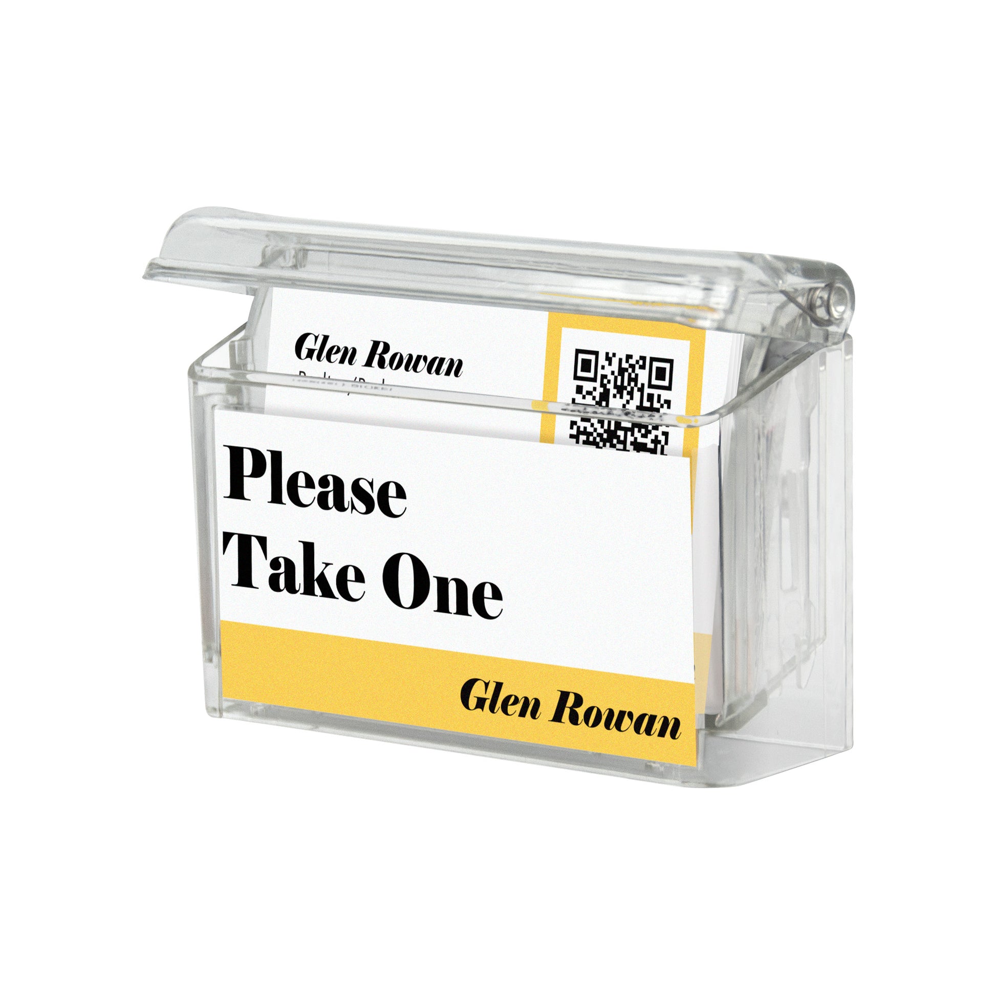 Deflecto outdoor business card holder mounted on an exterior wall holding a stack of business cards