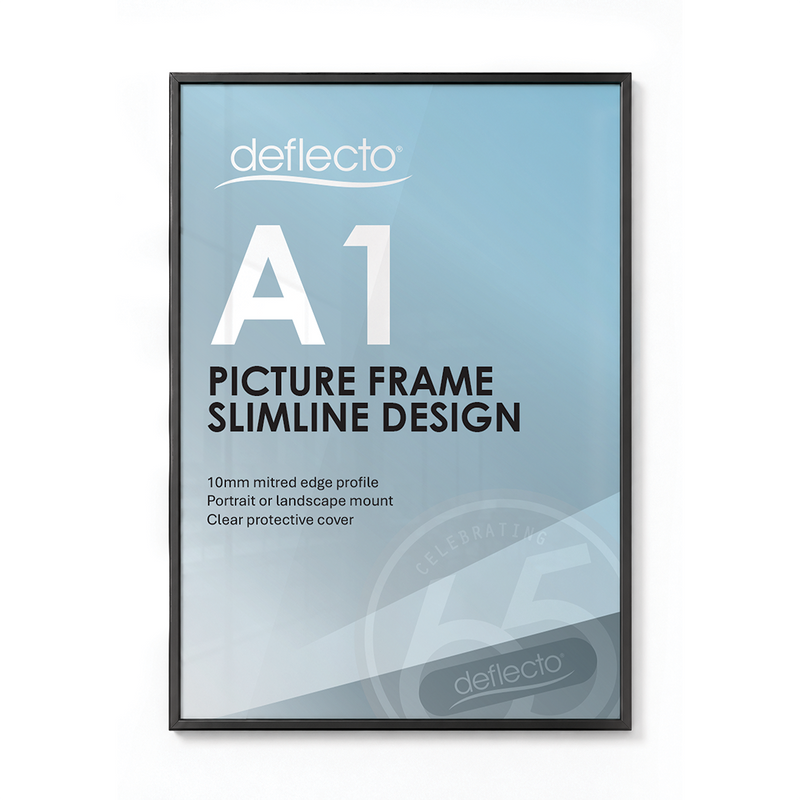 Deflecto A1 black picture and certificate frame, front view showing a blue Deflecto A1 Picture Frame Slimline Design print