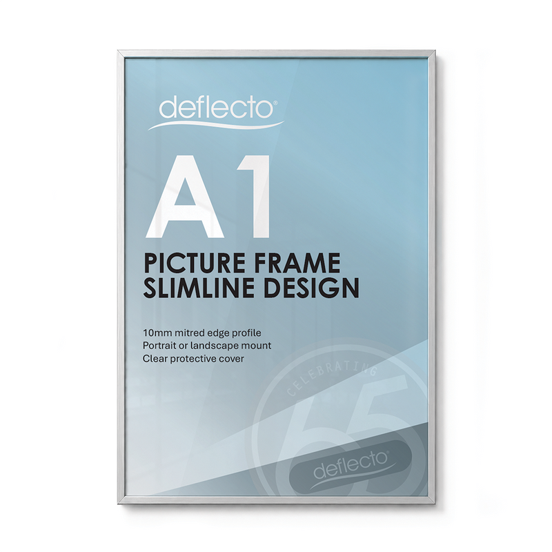 Deflecto A1 silver picture and certificate frame, front view showing a blue Deflecto A1 Picture Frame Slimline Design print