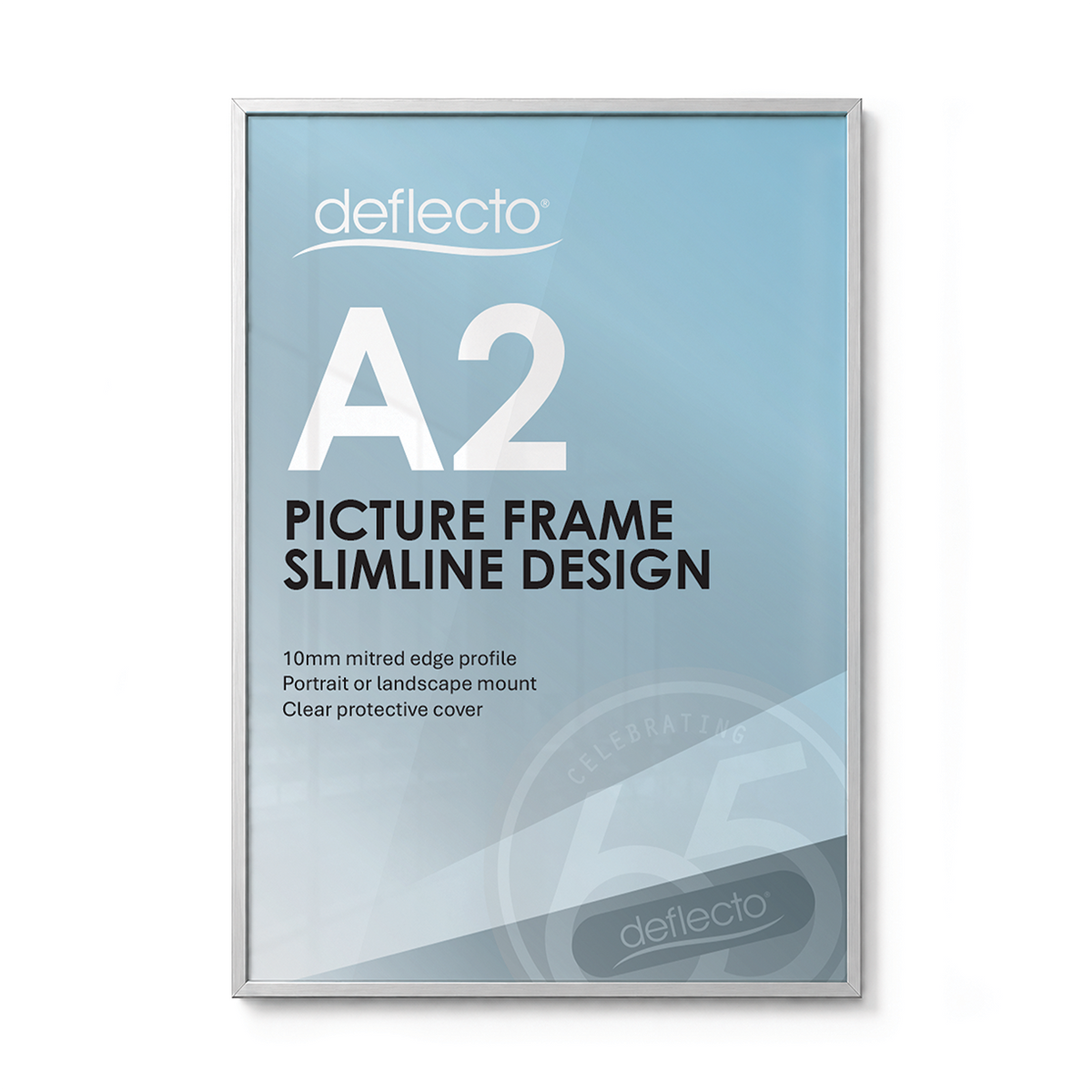 Deflecto A2 silver picture and certificate frame, front view showing a blue Deflecto A2 Picture Frame Slimline Design print