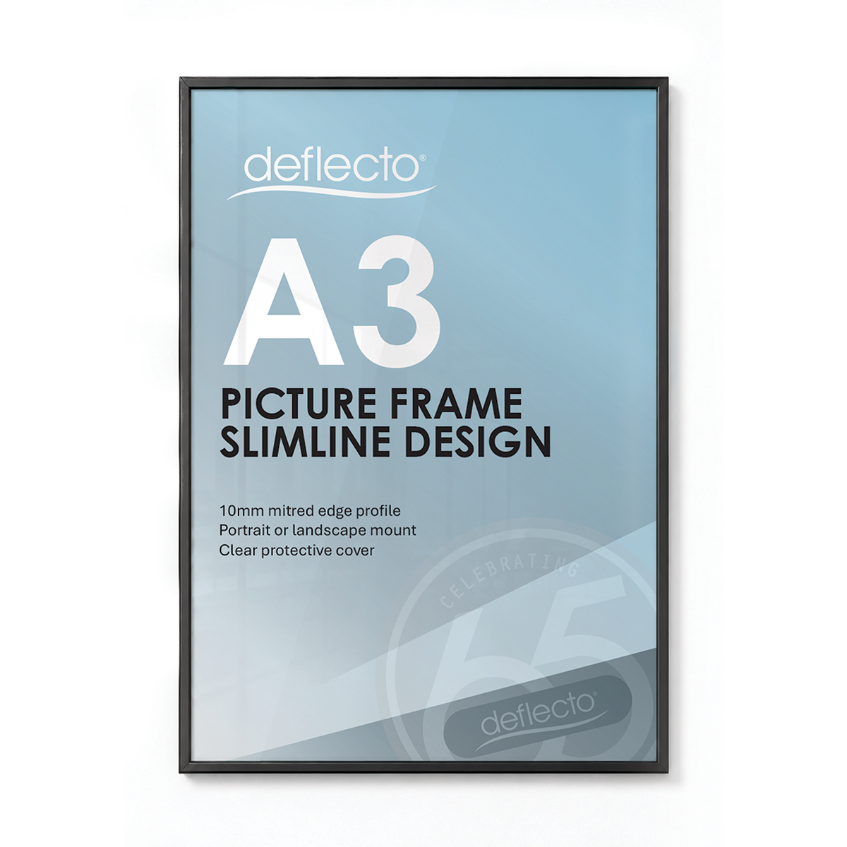 Deflecto A3 black picture and certificate frame, front view showing a blue Deflecto A3 Picture Frame Slimline Design print