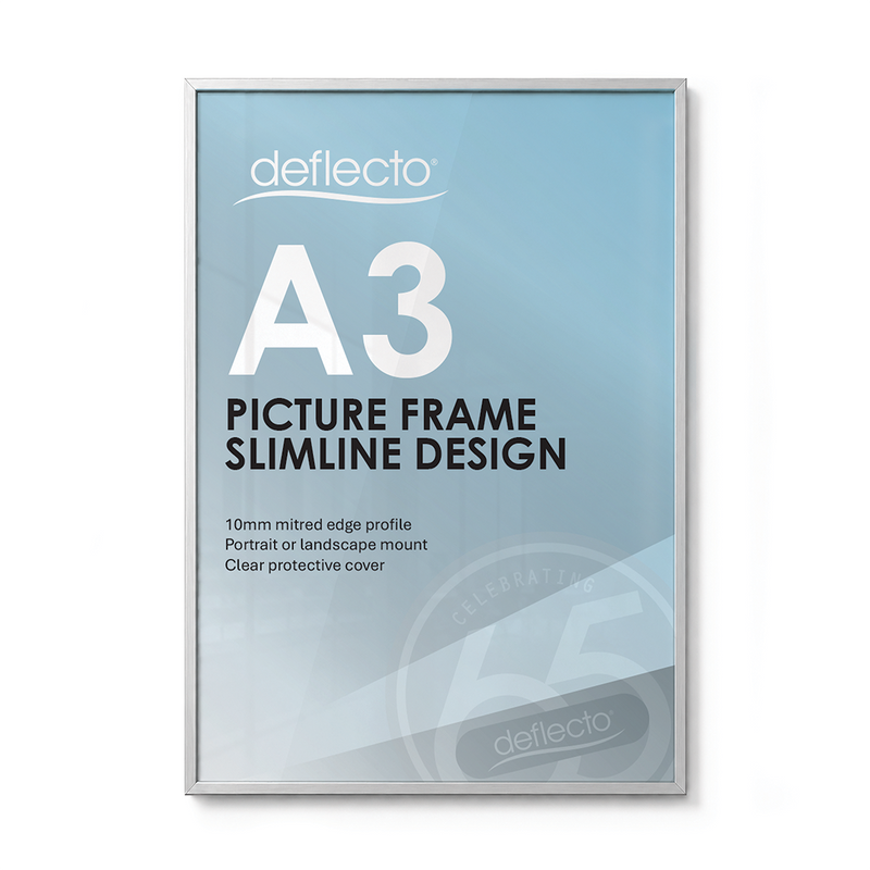 Deflecto A3 silver picture and certificate frame, front view showing a blue Deflecto A3 Picture Frame Slimline Design print
