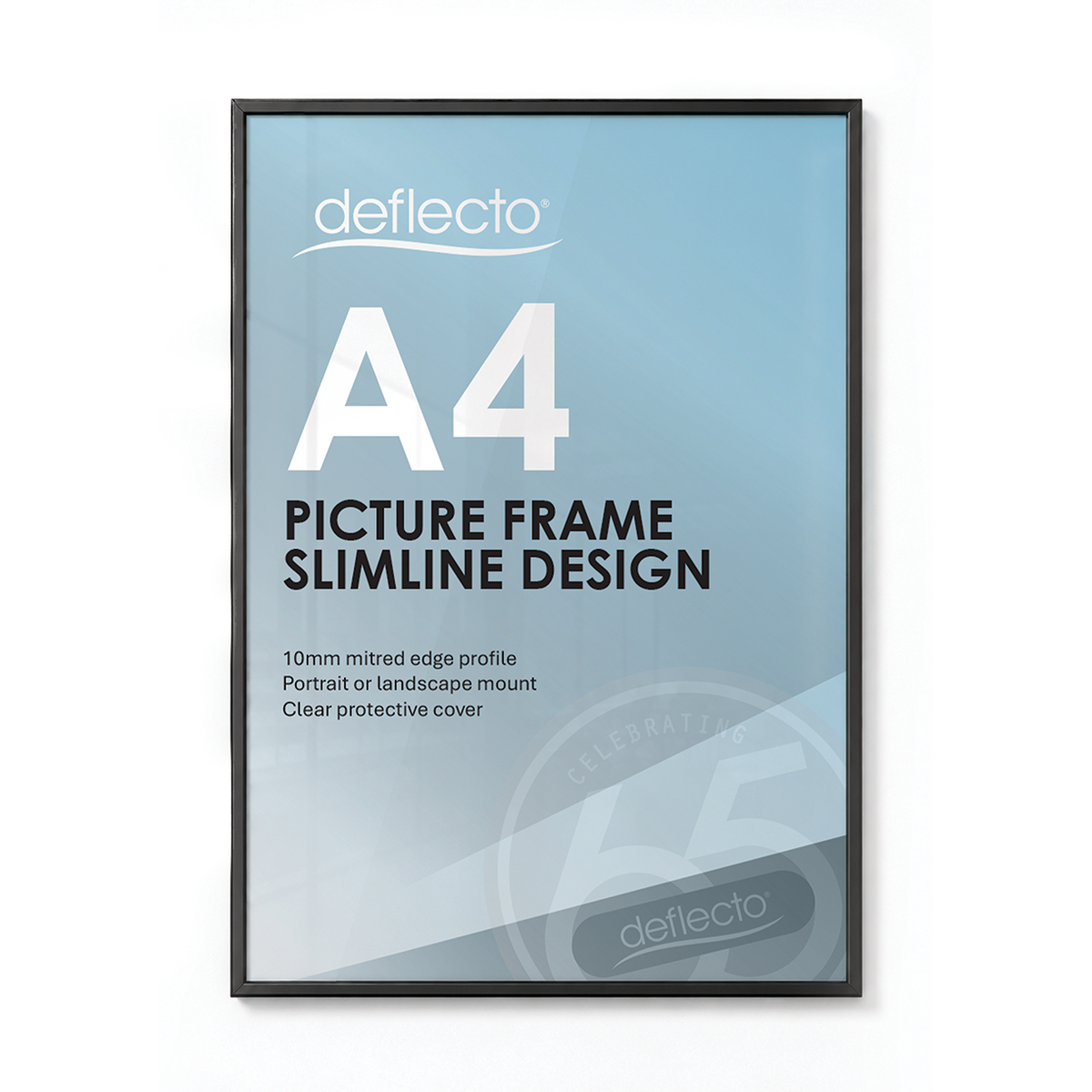 Deflecto A4 black picture and certificate frame, front view showing a blue Deflecto A4 Picture Frame Slimline Design print