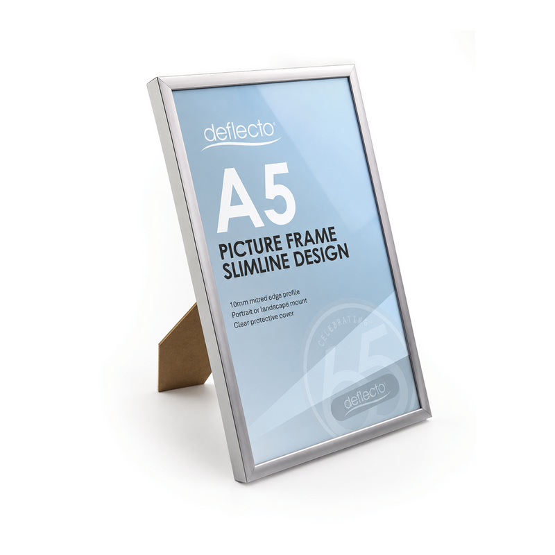Deflecto A5 silver picture and certificate frame standing on its easel back, angled view showing a blue Deflecto A5 print