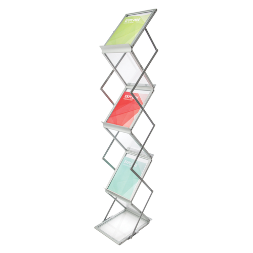 Deflecto concertina display stand opened to multiple panels, angled view