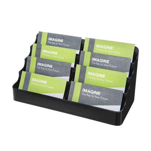 Deflecto 8-pocket business card holder displaying cards, angled view