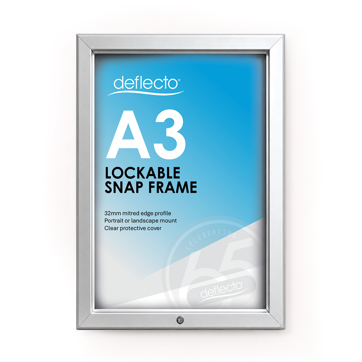 Deflecto A3 silver lockable snap frame with a 32 mm profile, front view showing a blue Deflecto poster and the lock at the bottom edge